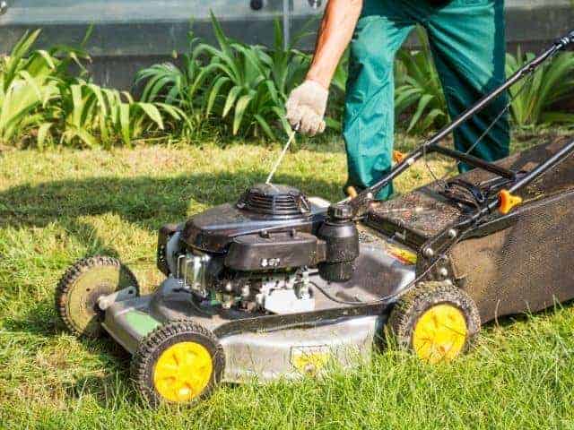 Pull the starter cord of the lawnmower.