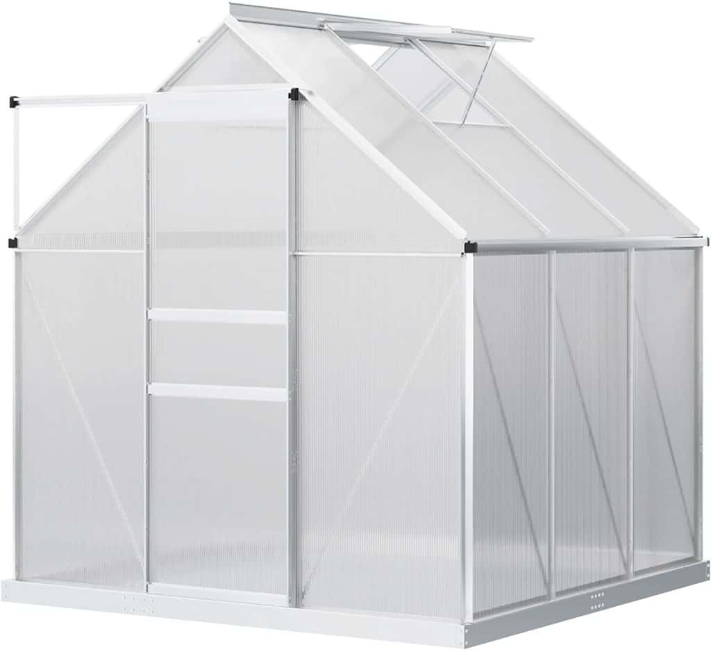 Outsunny 6' x 6' Aluminum Greenhouse, Polycarbonate Walk-in Garden Greenhouse Kit